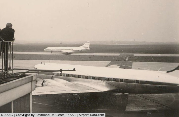 D-ABAG, Douglas C-54B Skymaster (DC-4) C/N 27233, Tranportflug DC-4 D-ABAG at Brussels Airport on 1965-04-25. 
Ex 44-9007, LX-IOD. Later became TN-ABS in Congo.
Iberia Caravelle EC-AYO on taxiway.