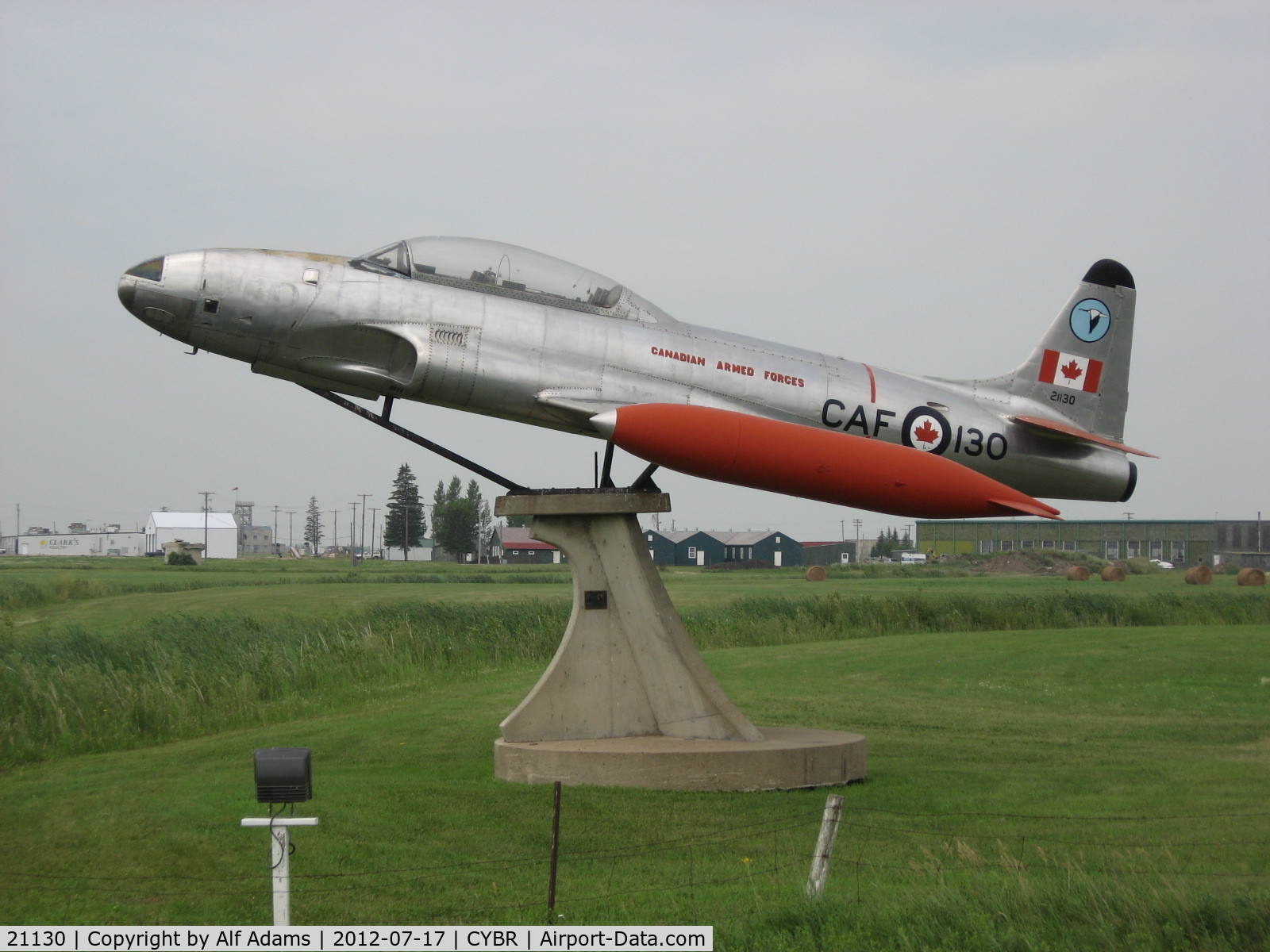 21130, Canadair CT-133 Silver Star C/N T33-130, Displayed on a pedestal near the Municipal Airport in Brandon, Manitoba, Canada in 2012.