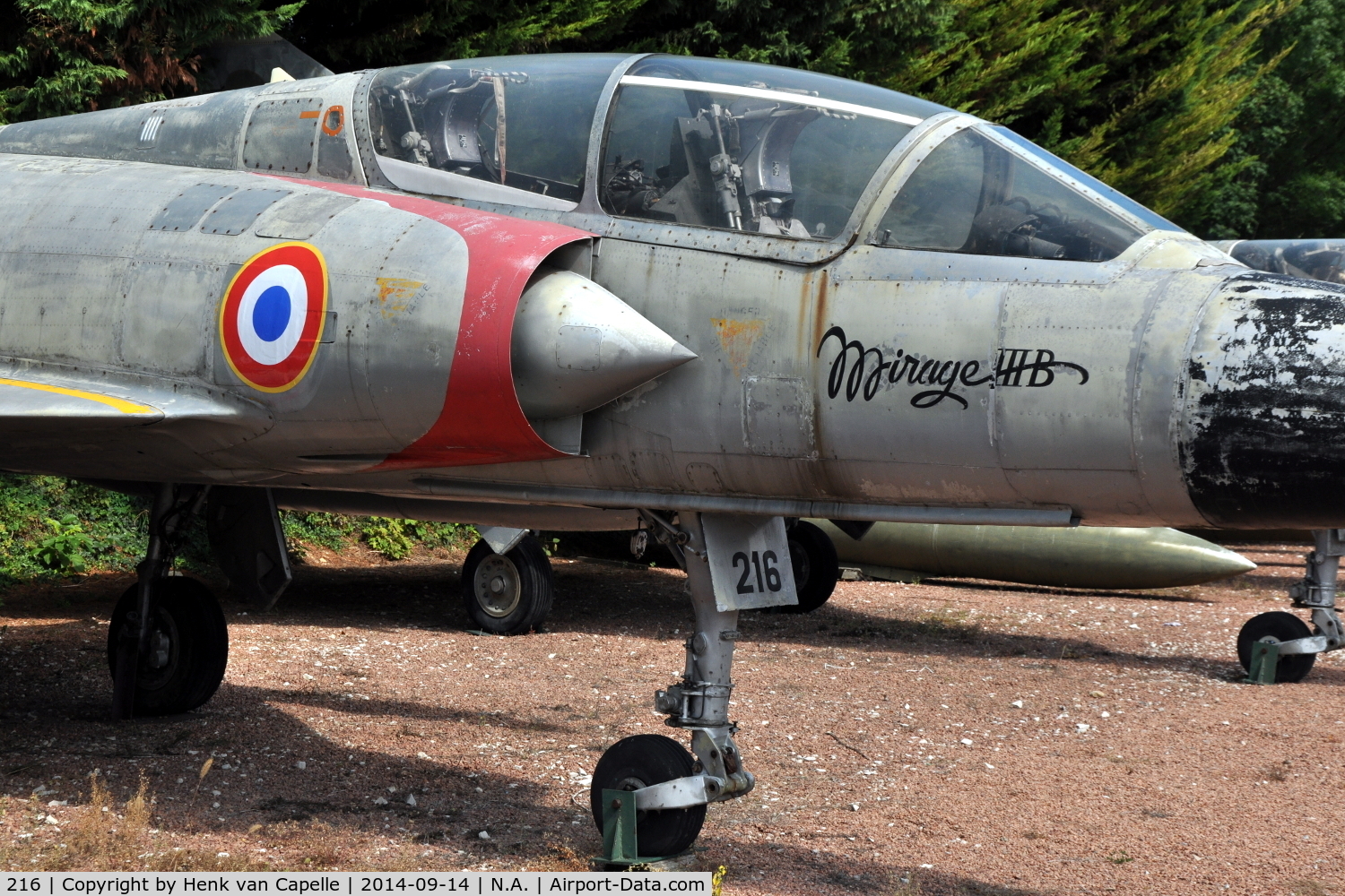 216, Dassault Mirage IIIB C/N 216, Dassault Mirage IIIB two-seater fighter of the French Air Force at the Chateau de Savigny aircraft museum.