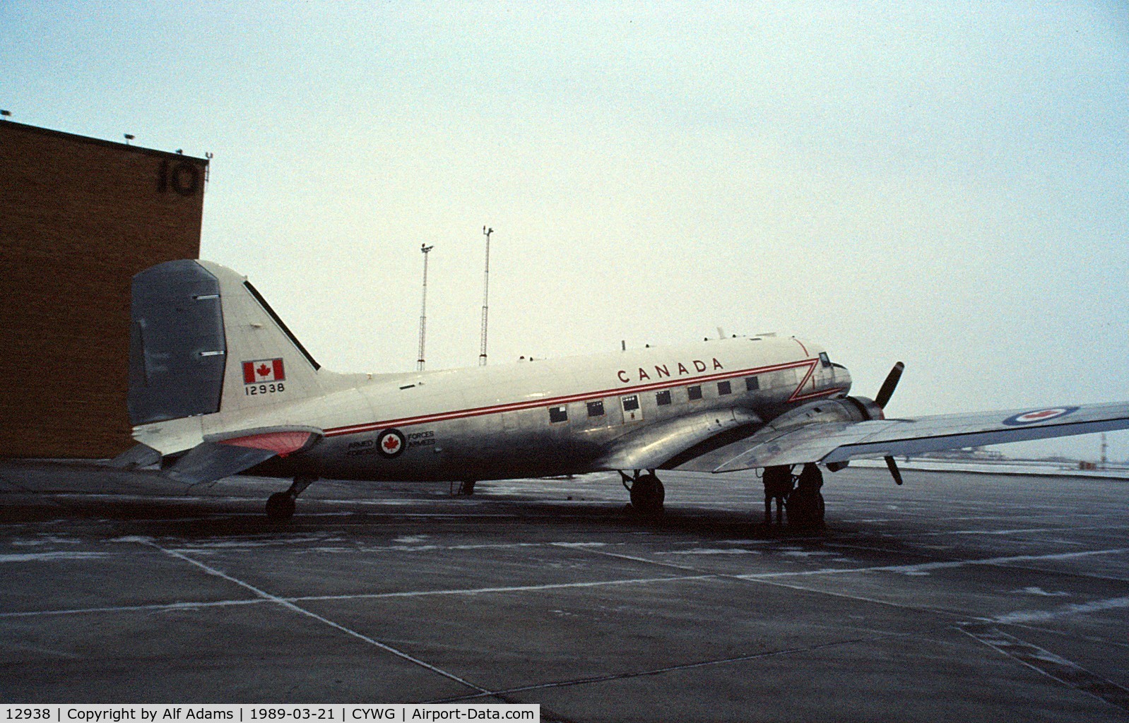 12938, 1943 Douglas CC-129 Dakota 3 C/N 9832, On the flight line at Canadian Forces Base Winnipeg, Manitoba, Canada in 1989.