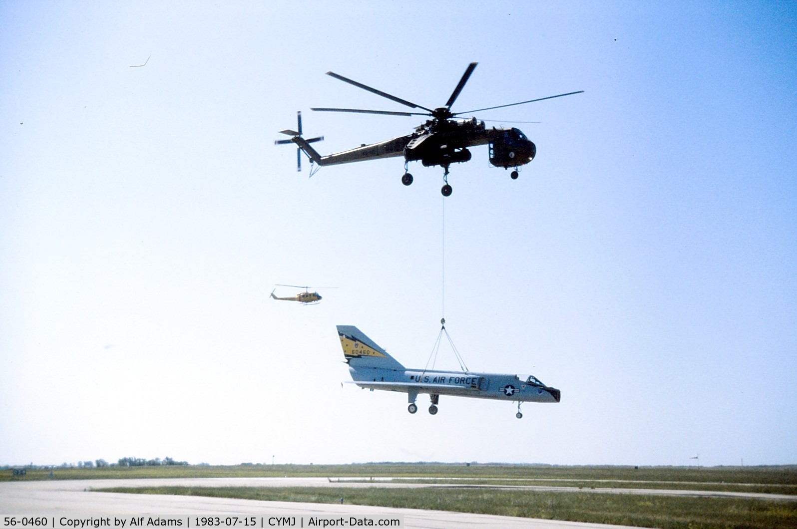 56-0460, 1956 Convair F-106A Delta Dart C/N 8-24-10, Being recovered by CH-54 after damage on landing in 1983.