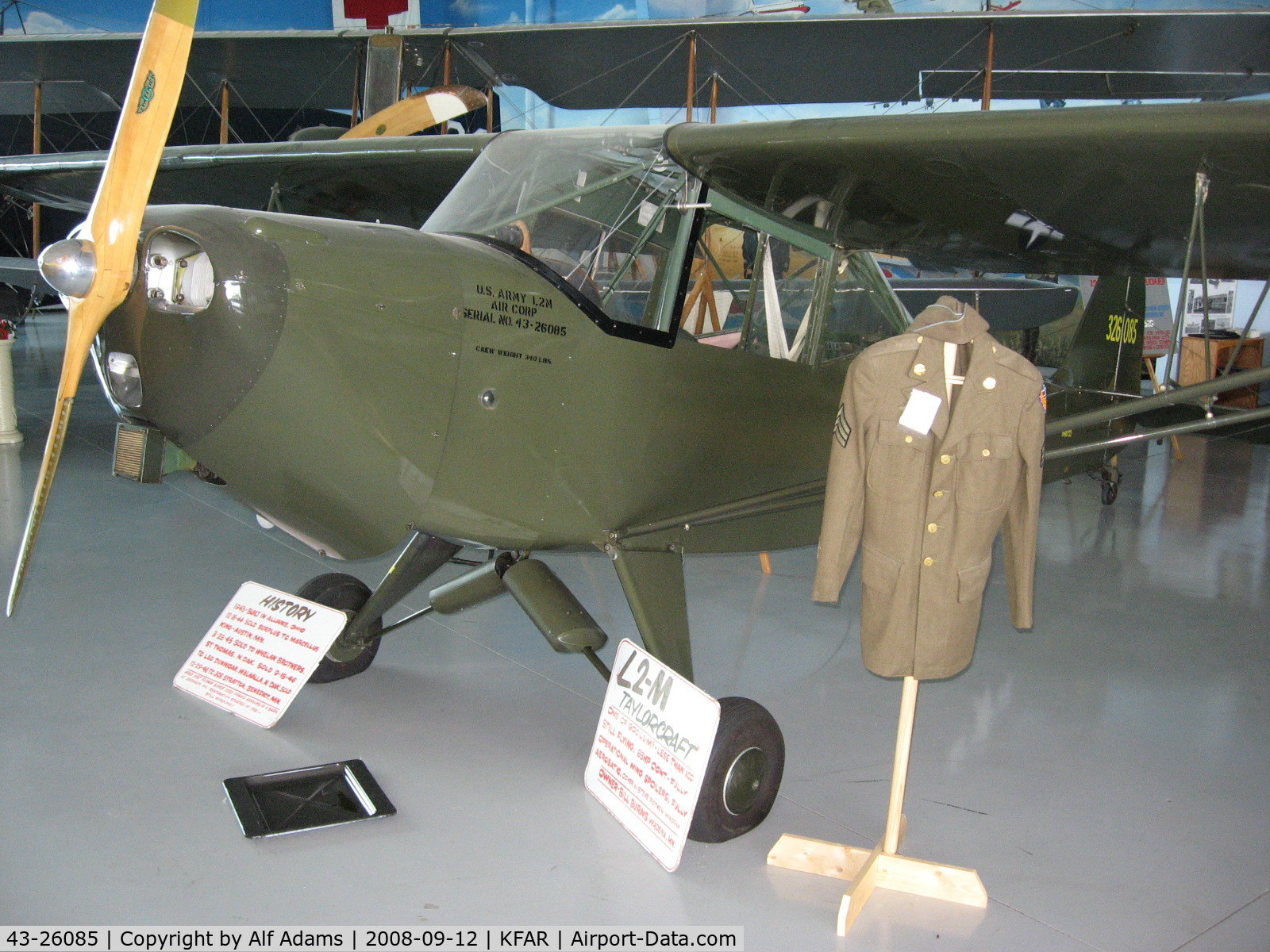 43-26085, 1943 Taylorcraft L-2M Grasshopper C/N L-5397, Displayed at the Fargo Air Museum, Fargo, North Dakota in 2008.