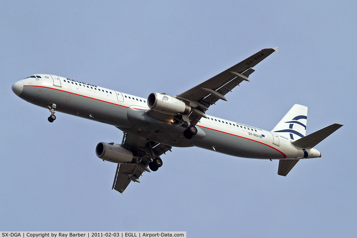 SX-DGA, 2009 Airbus A321-231 C/N 3878, SX-DGA   Airbus A321-231 [3878] (Aegean Airlines) Home~G 03/02/2011. On approach 27R. White nose cone.