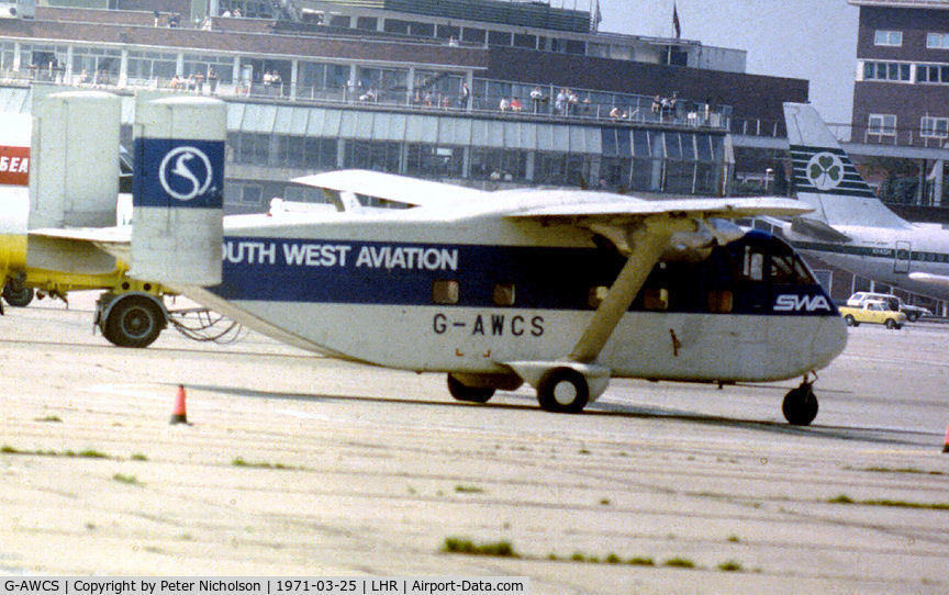 G-AWCS, 1969 Short SC7 Skyvan 3-200 C/N SH.1839, Skyvan SC-7 of South West Aviation as seen at Heathrow in the Spring of 1971.