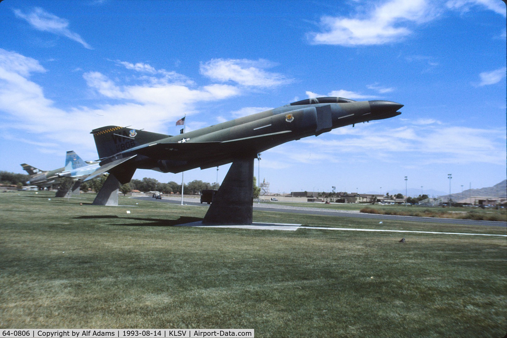 64-0806, 1964 McDonnell F-4C Phantom II C/N 1128, Displayed on a pedestal on Nellis AFB in 1993.