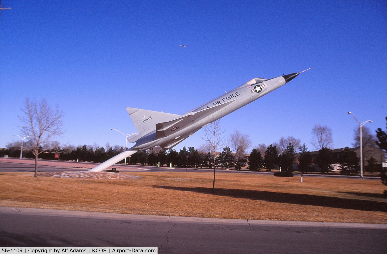 56-1109, 1956 Convair F-102A Delta Dagger C/N 8-10-326, Shown on a pedestal at Peterson Air Force Base, Colorado Springs, Colorado in 1992.