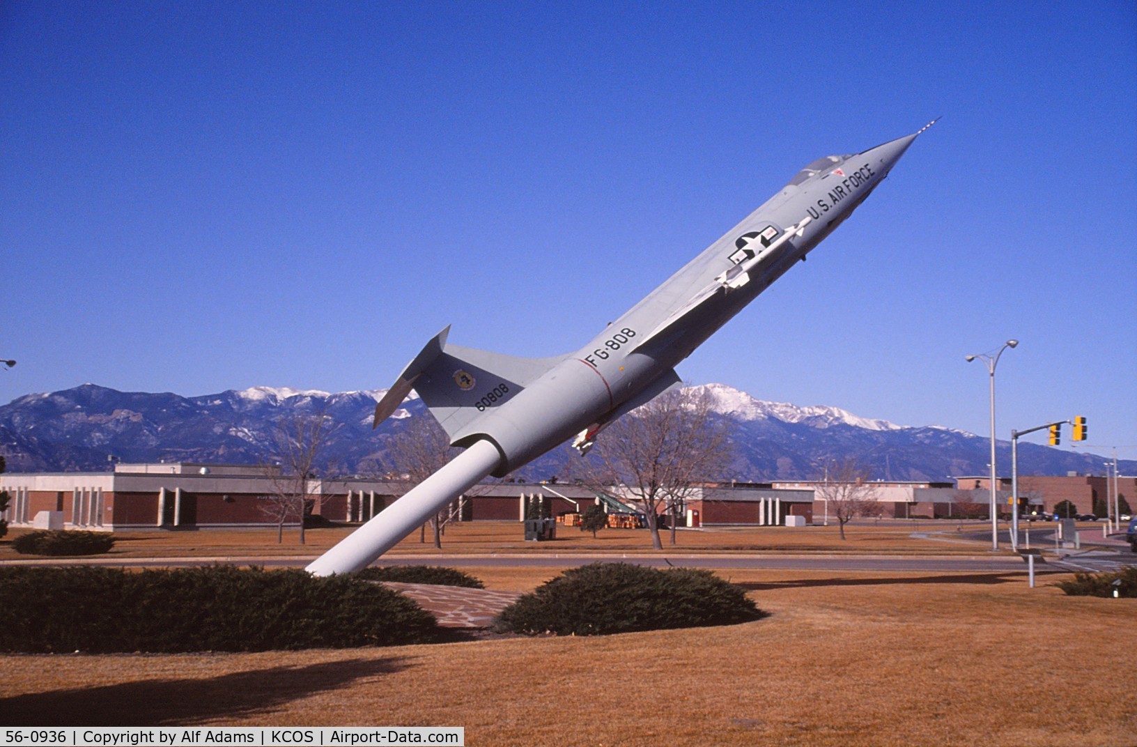 56-0936, 1956 Lockheed F-104C Starfighter C/N 383-1224, Shown on a pedestal at Peterson Air Force Base, Colorado Springs, Colorado in 1992. The number painted on the tail is incorrect for this aircraft.