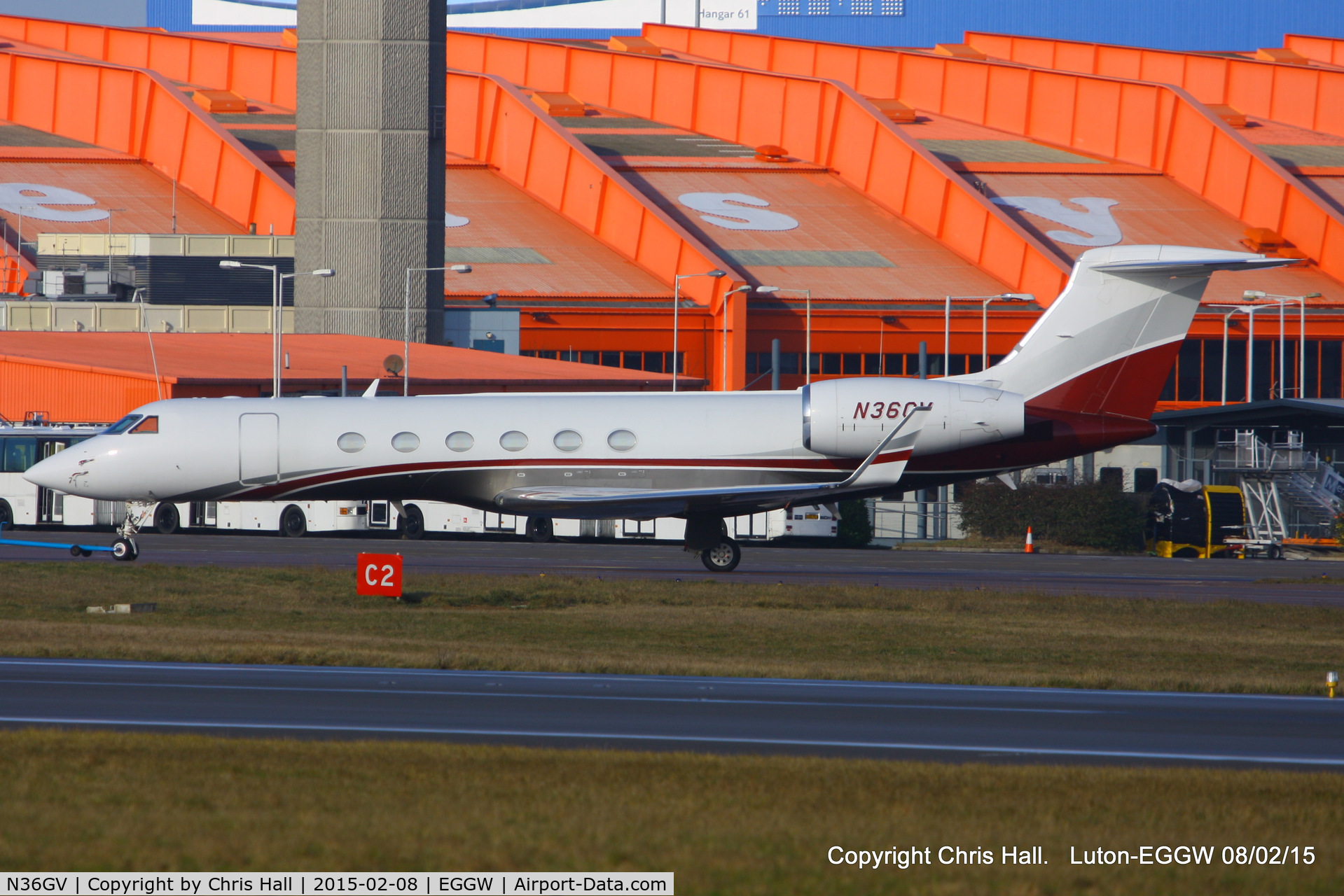 N36GV, 2002 Gulfstream Aerospace G-V C/N 674, parked at Luton