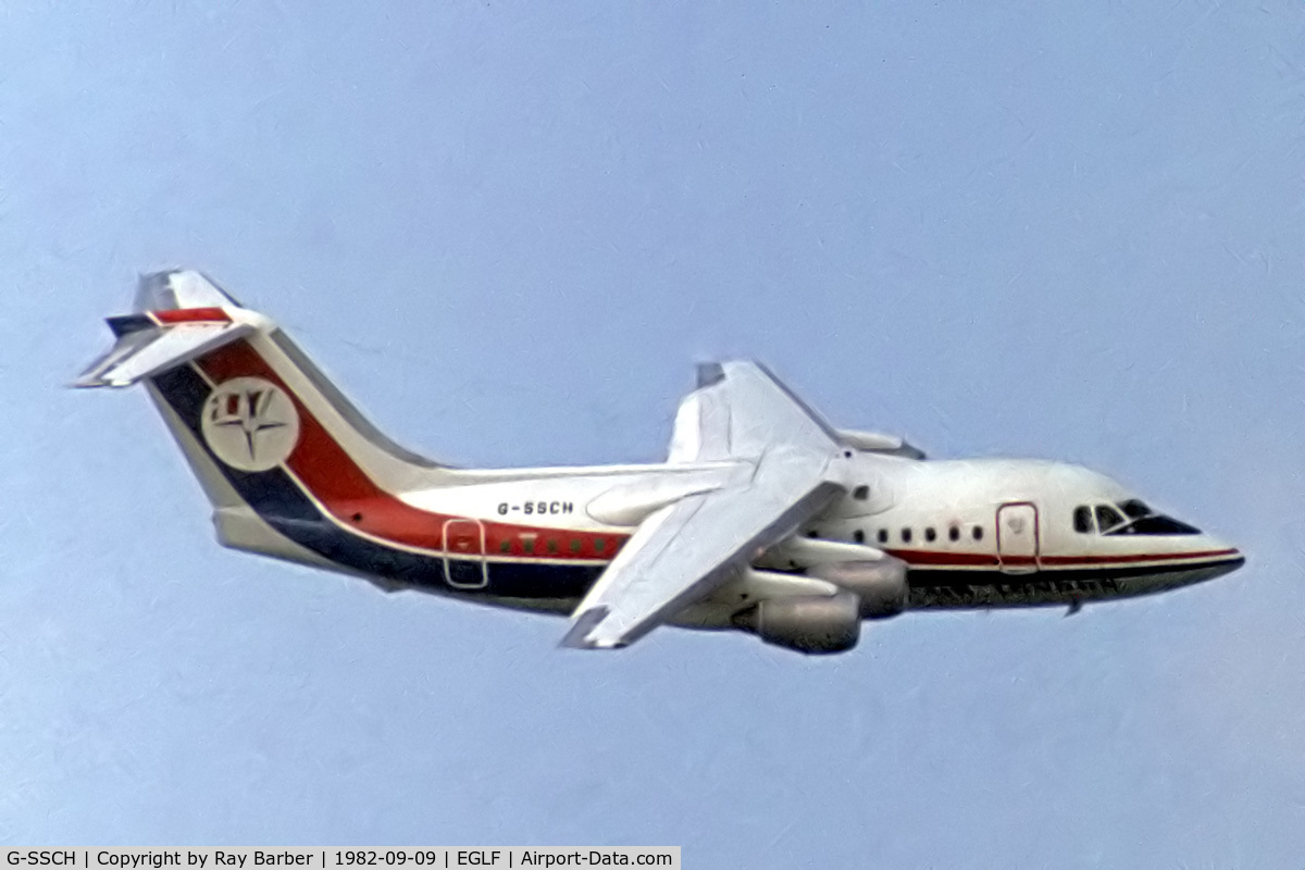 G-SSCH, 1983 British Aerospace BAe.146-100A C/N E1003, BAe 146-100 [E1003] (Dan-Air London) Farnborough~G 09/09/1982. From a slide.