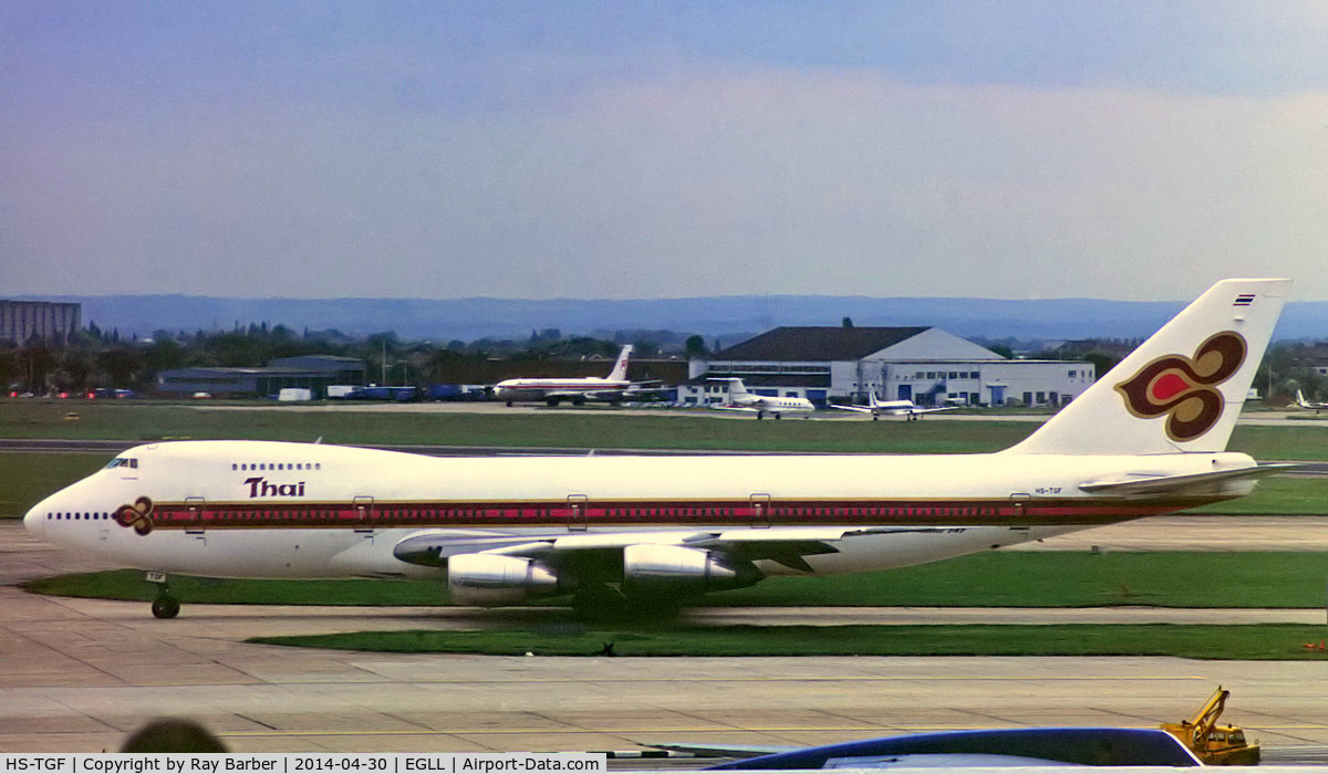 HS-TGF, 1980 Boeing 747-2D7B C/N 22337, Boeing 747-2D7BF [22337] (Thai Airways) Heathrow~G (date unknown). From a slide.