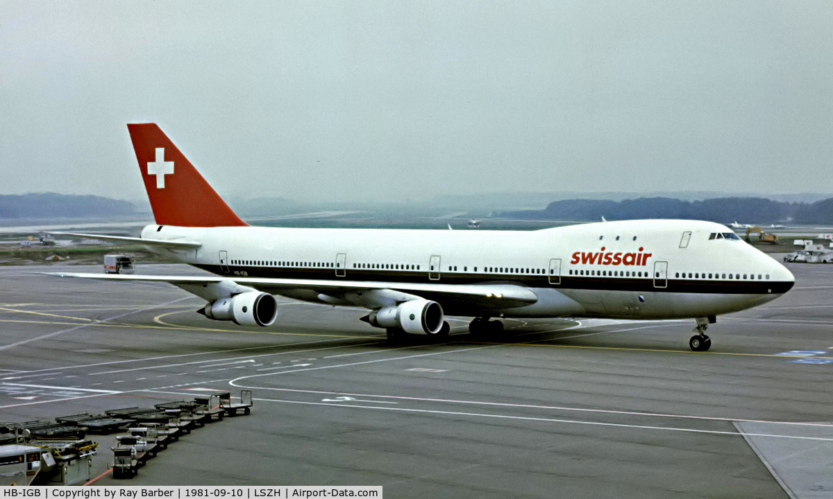 HB-IGB, 1970 Boeing 747-257B C/N 20117, Boeing 747-257B [20117] (Swissair) Zurich~HB 10/09/1981. From a slide.