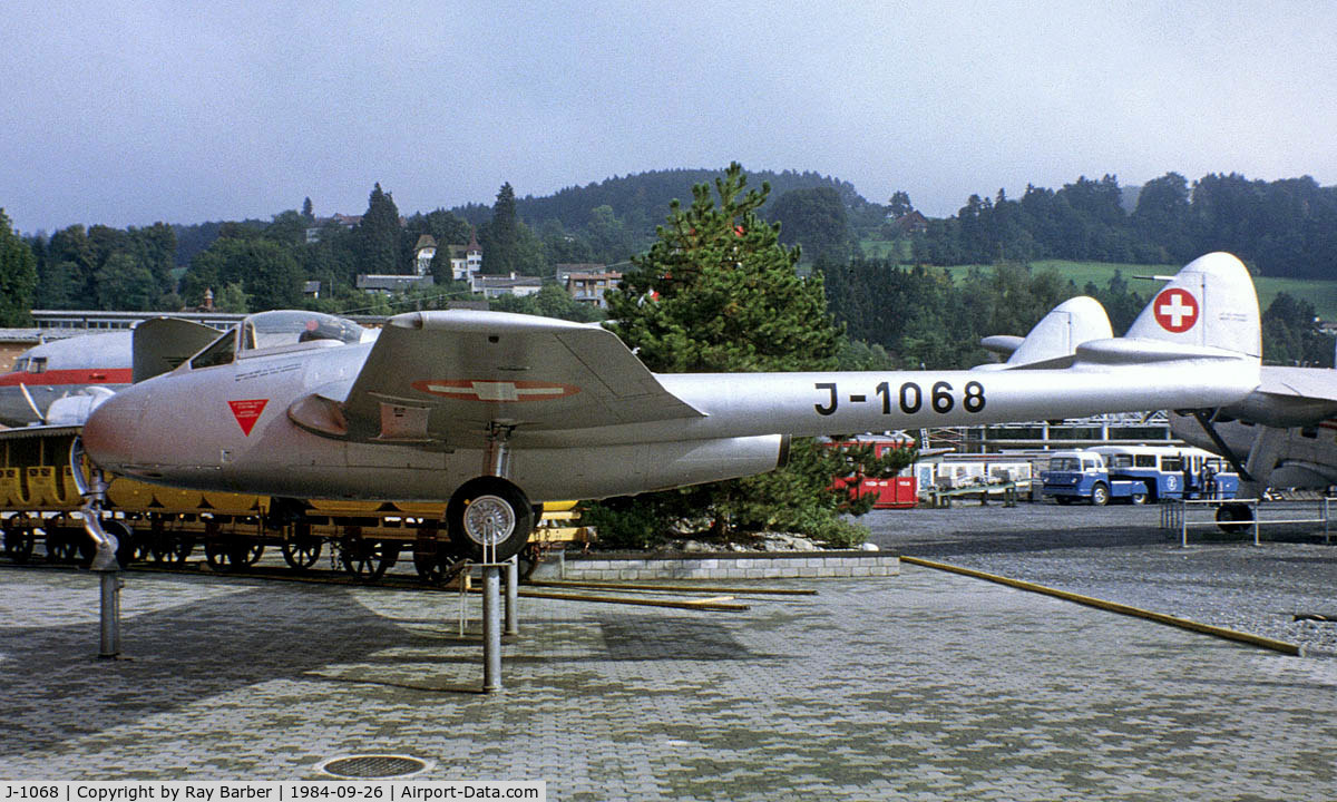J-1068, De Havilland (FFA) Vampire FB.6 (DH-100) C/N 979, De Havilland DH.100 Vampire FB.6 [V.0186] (Swiss Air Force) Lucerne~HB 26/09/1984. From a slide.