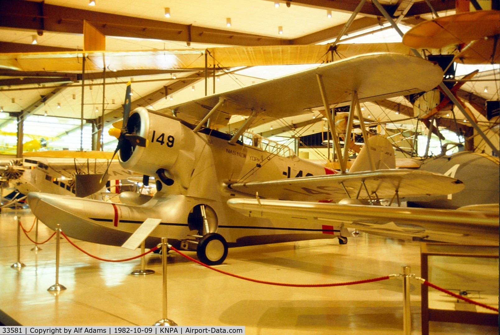 33581, Grumman J2F-6 Duck C/N Not found 33581, Shown on its' wheels on the museum floor in 1982. It was later suspended from the ceiling with its' wheels retracted. National Naval Aviation Museum, Pensacola, Florida.