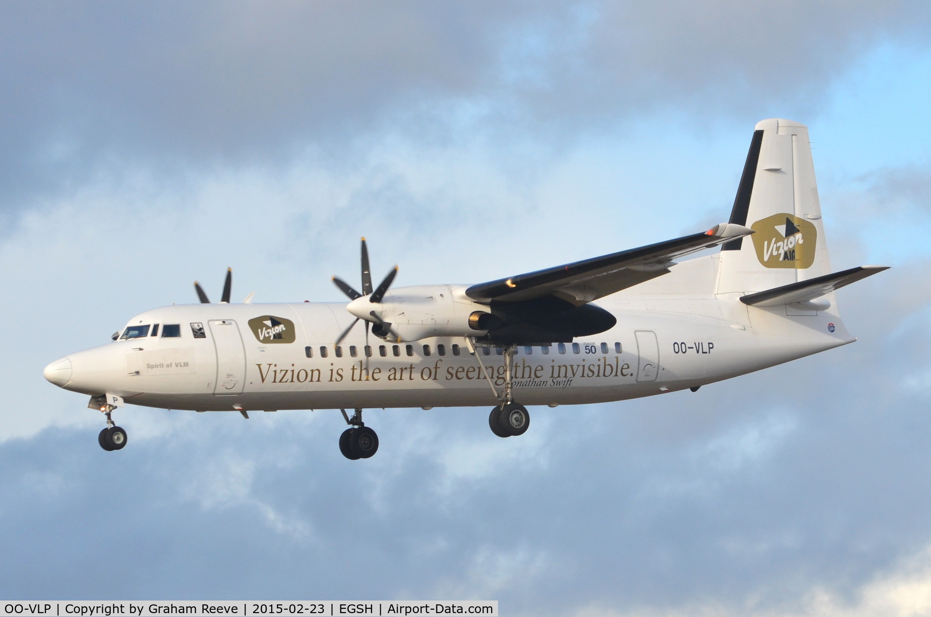 OO-VLP, 1991 Fokker 50 C/N 20209, About to land at Norwich wearing a new colour scheme.