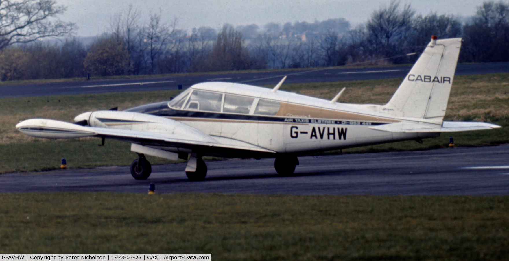 G-AVHW, 1966 Piper PA-30-160 B Twin Comanche C/N 30-1414, PA-30 Twin Comanche 160 of Cabair on a visit to Carlisle in the Spring of 1973.