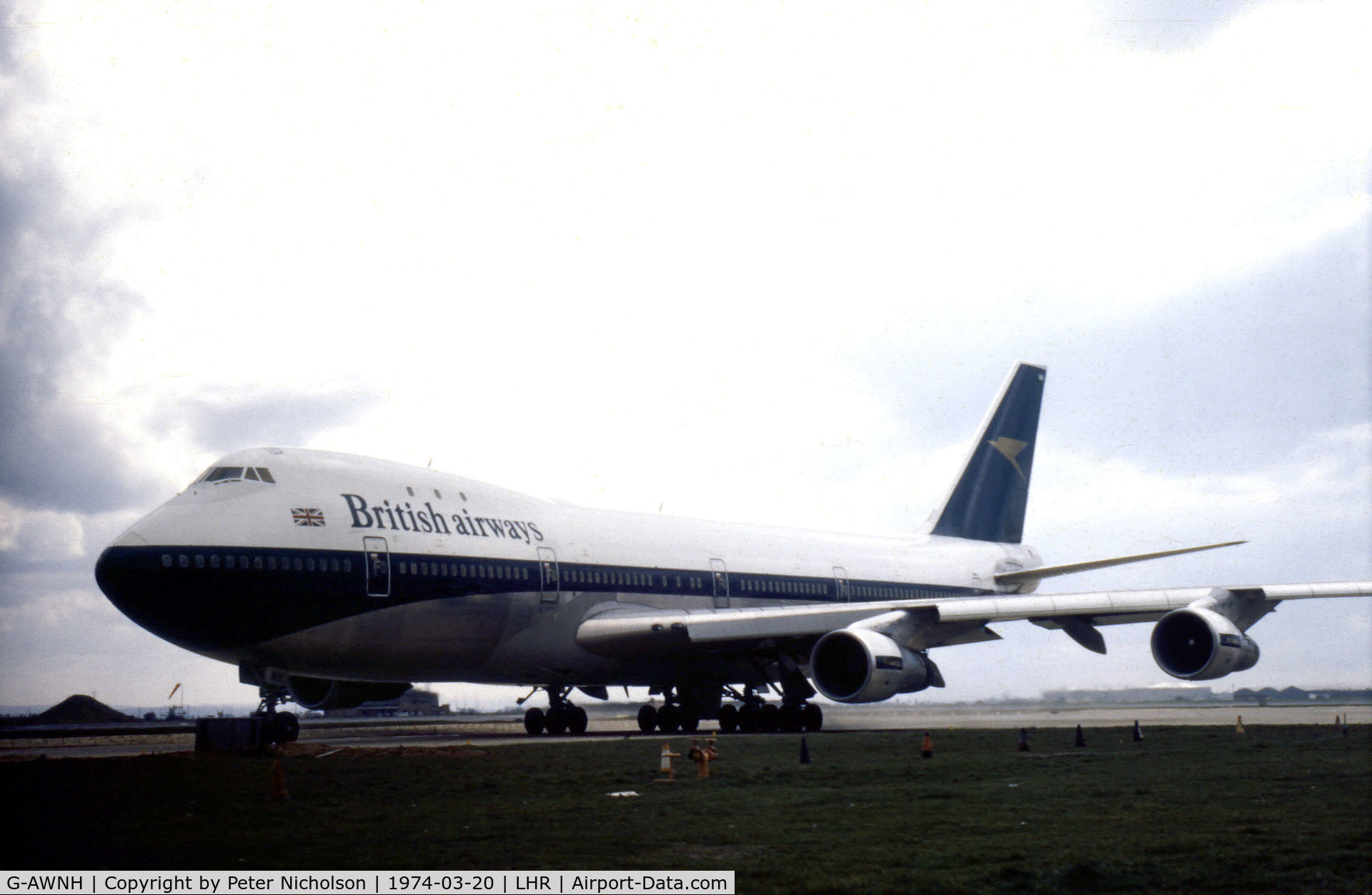 G-AWNH, 1971 Boeing 747-136 C/N 20270, Boeing 747-136 of British Airways as seen at Heathrow in the Spring of 1974.