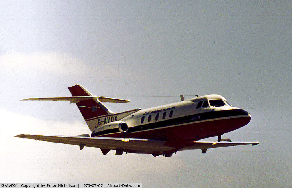 G-AVDX, 1967 Hawker Siddeley HS.125 Series 3B/RA C/N 25113, HS.125 Series 3B/RA of the Civil Aviation Authority in action at the 1973 International Air Tattoo at RAFR Greenham Common.