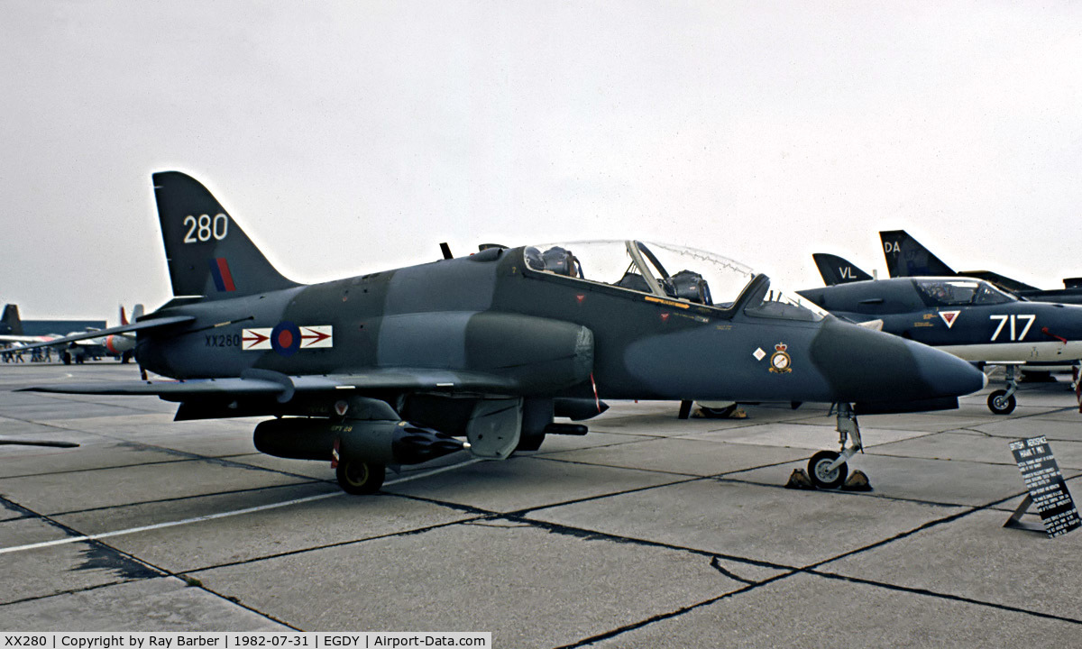 XX280, 1979 Hawker Siddeley Hawk T.1A C/N 105/312105, BAe Hawk T.1A(F) [312105] (Royal Air Force) RNAS Yeovilton~G 31/07/1982. From a slide.