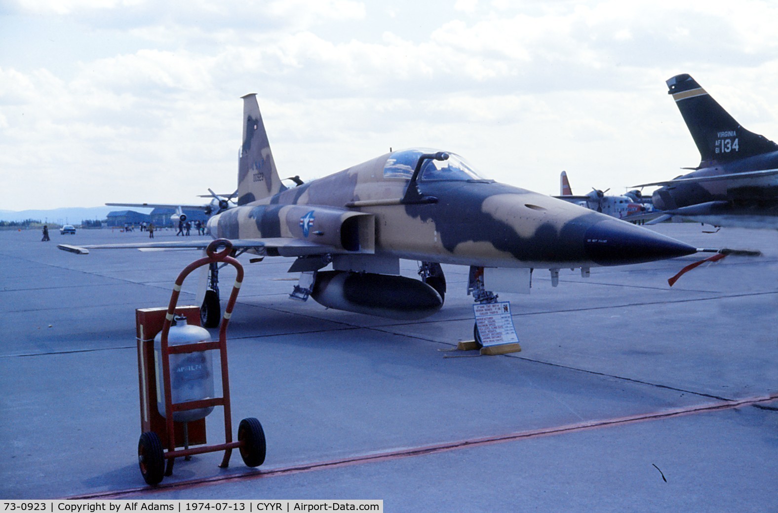 73-0923, 1973 Northrop F-5E Tiger II C/N T.1021, At Canadian Force Station, Goose Bay, Labrador in 1974. Later this aircraft was transferred to the Saudi Arabian Air Force.
