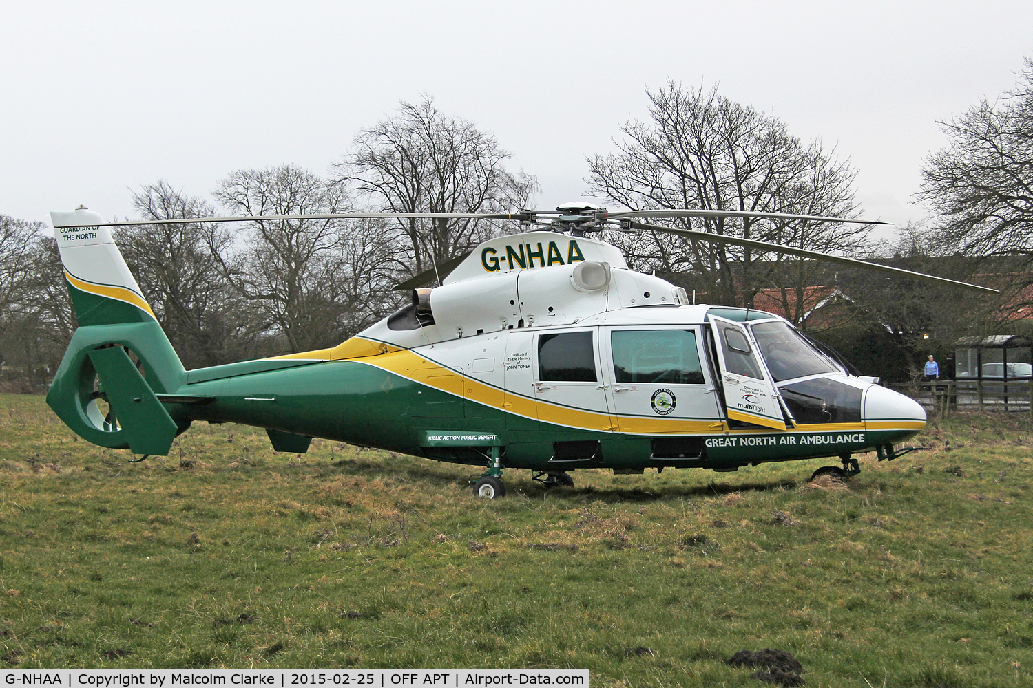 G-NHAA, 1991 Aerospatiale AS-365N-2 Dauphin C/N 6431, Great North Air Ambulance Aerospatiale AS-365N-2 Dauphin on an emergency call in Sedgefield Village UK. February 25th 2015.