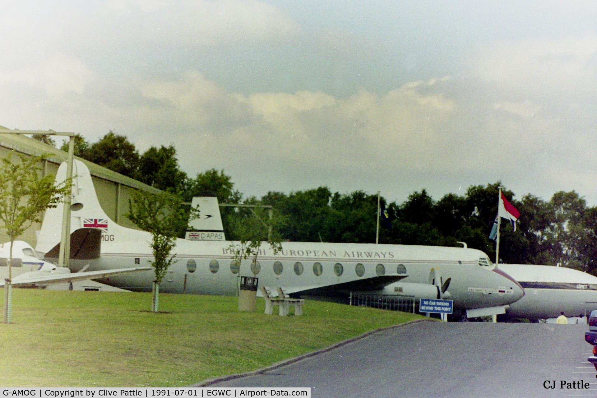 G-AMOG, 1953 Vickers Viscount 701 C/N 7, A shot from 1991 when the British Airways Collection was still in existance and positioned externally at the RAF Museum at Cosford EGWC. The photo includes the now scrapped Viscount G-AMOG and the Comet G-APAS