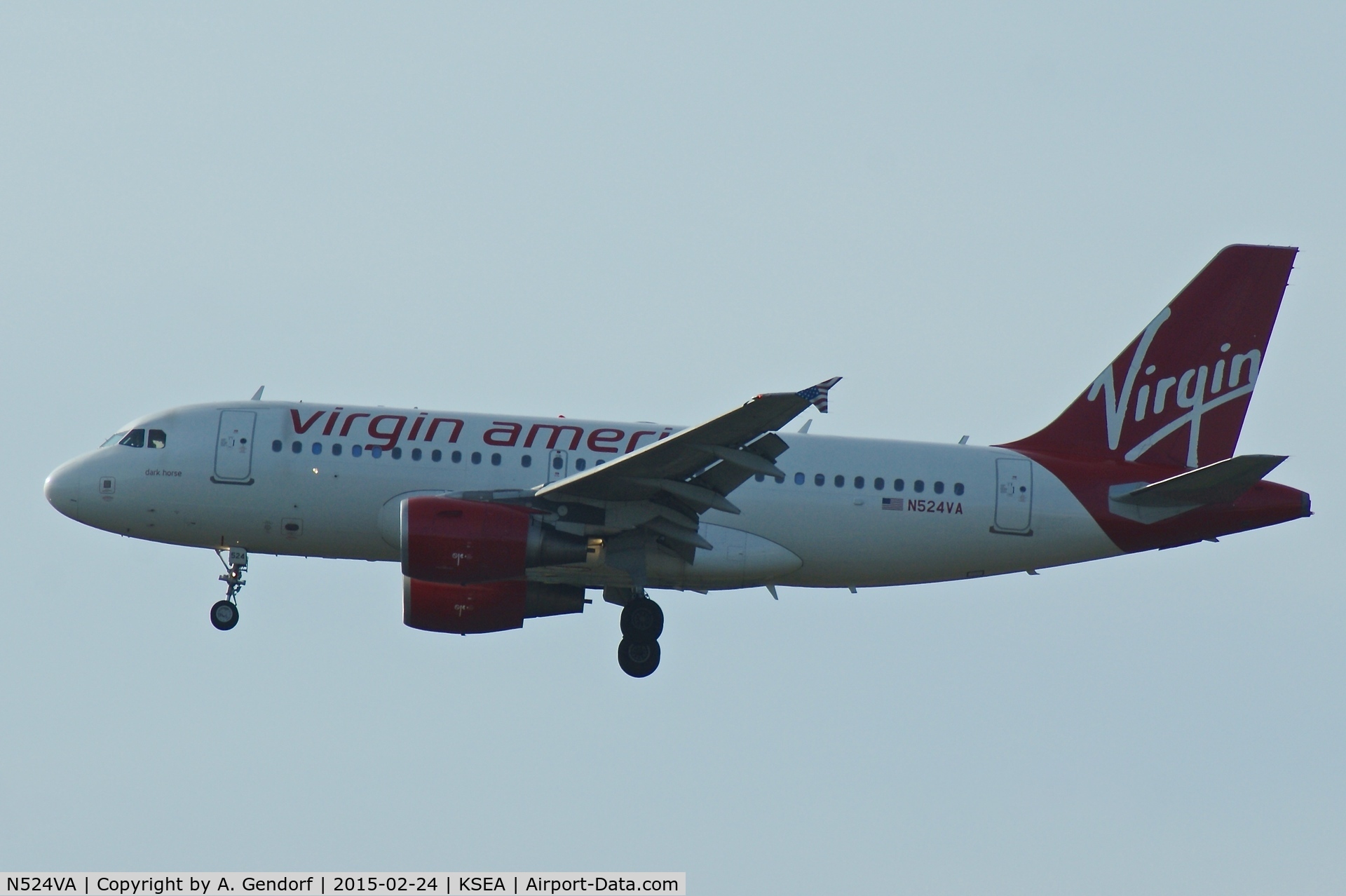 N524VA, 2007 Airbus A319-112 C/N 3204, Virgin America, is here landing at Seattle-Tacoma Int'l(KSEA)