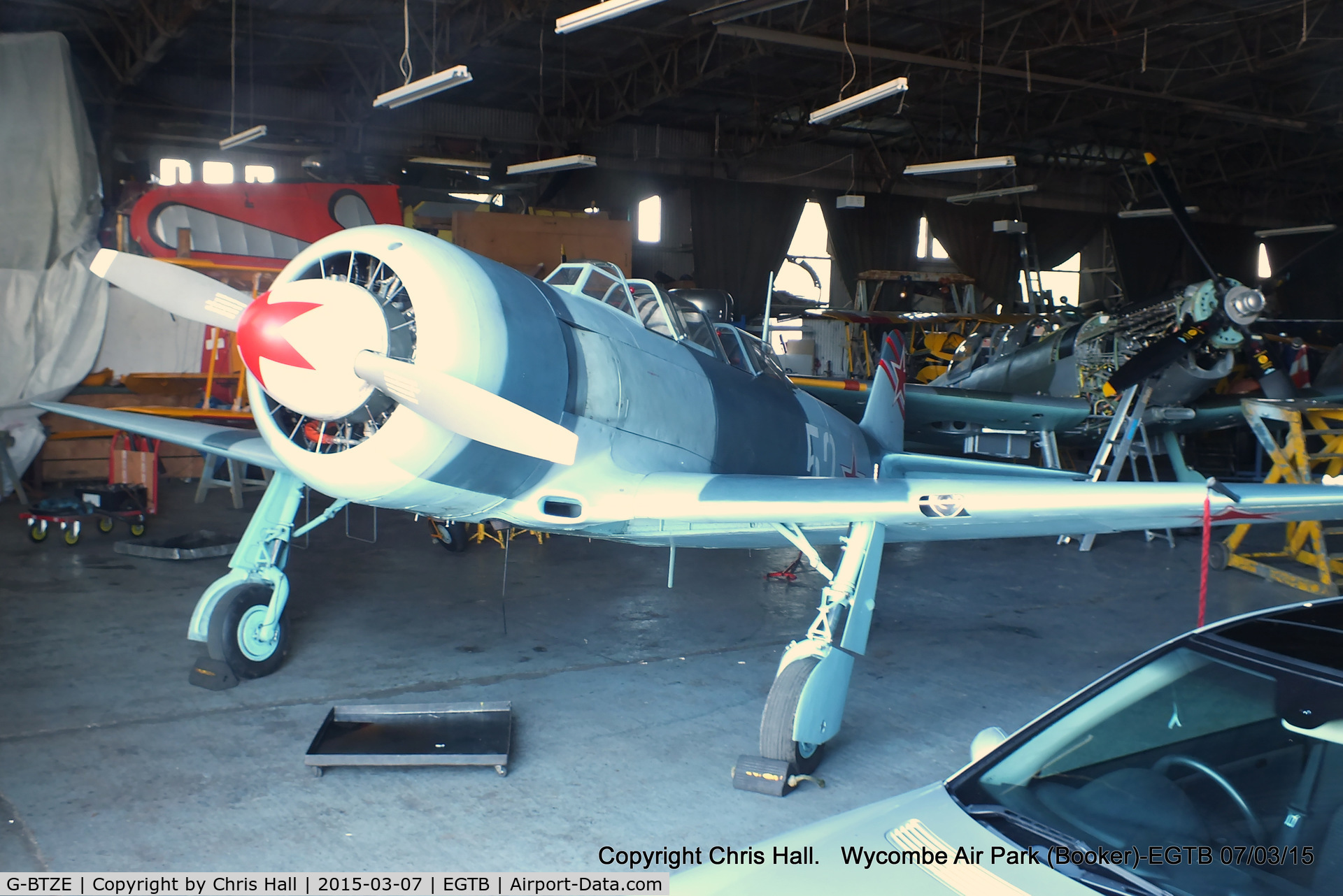 G-BTZE, 1955 Let C-11 (Yak-11) C/N 171312, in the PPS hangar at Booker