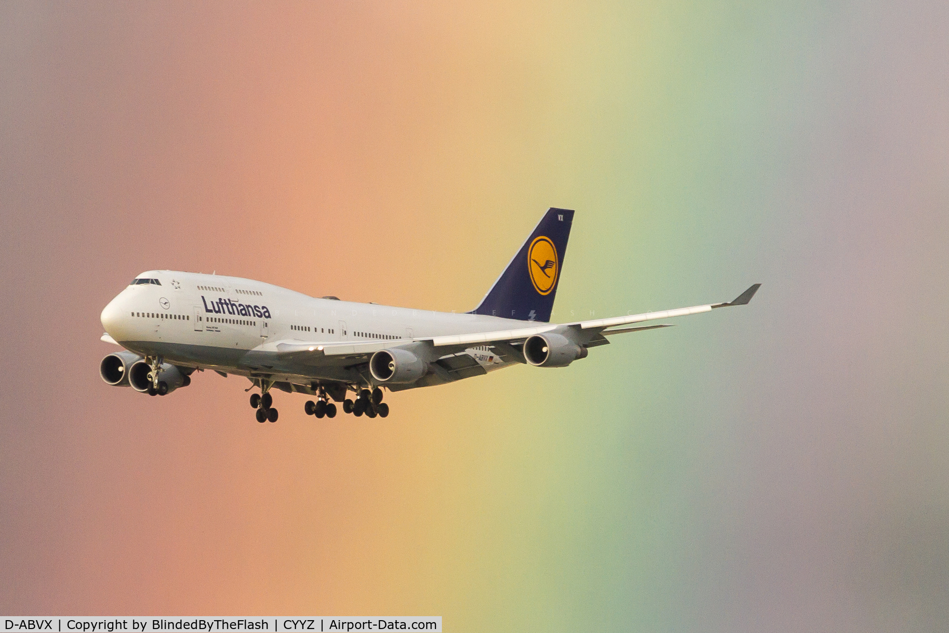 D-ABVX, 1999 Boeing 747-430 C/N 29868, Passing a rainbow on final for 23 at Toronto Pearson