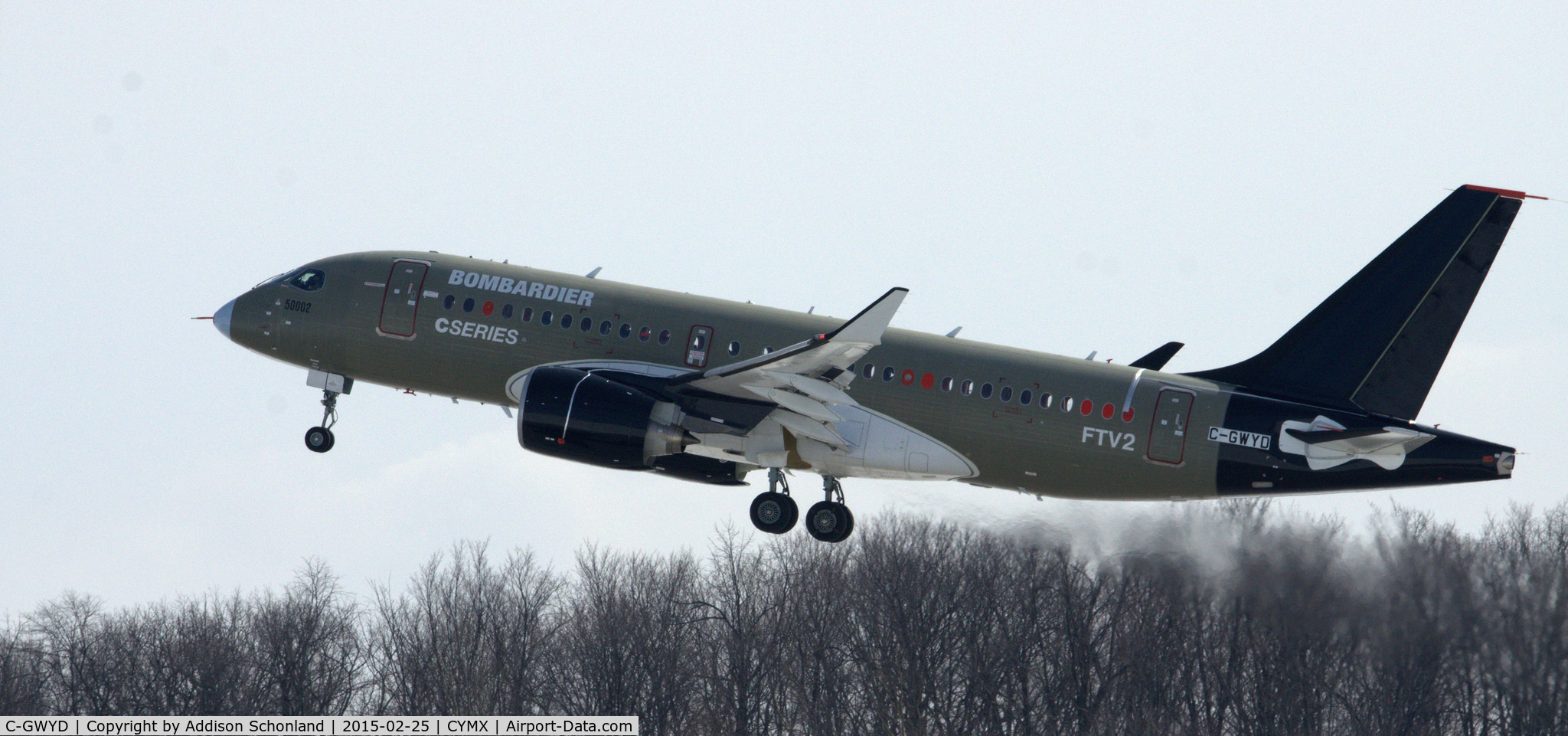 C-GWYD, 2013 Bombardier CSeries CS100 (BD-500-1A10) C/N 50002, FTV2 on a test flight out of Mirabel. Black paint used for icing tests.