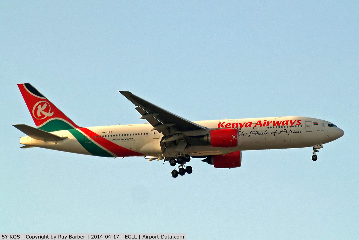 5Y-KQS, 2005 Boeing 777-2U8/ER C/N 33683, Boeing 777-2U8ER [33683] (Kenya Airways) Home~G 17/04/2014. On approach 27L.