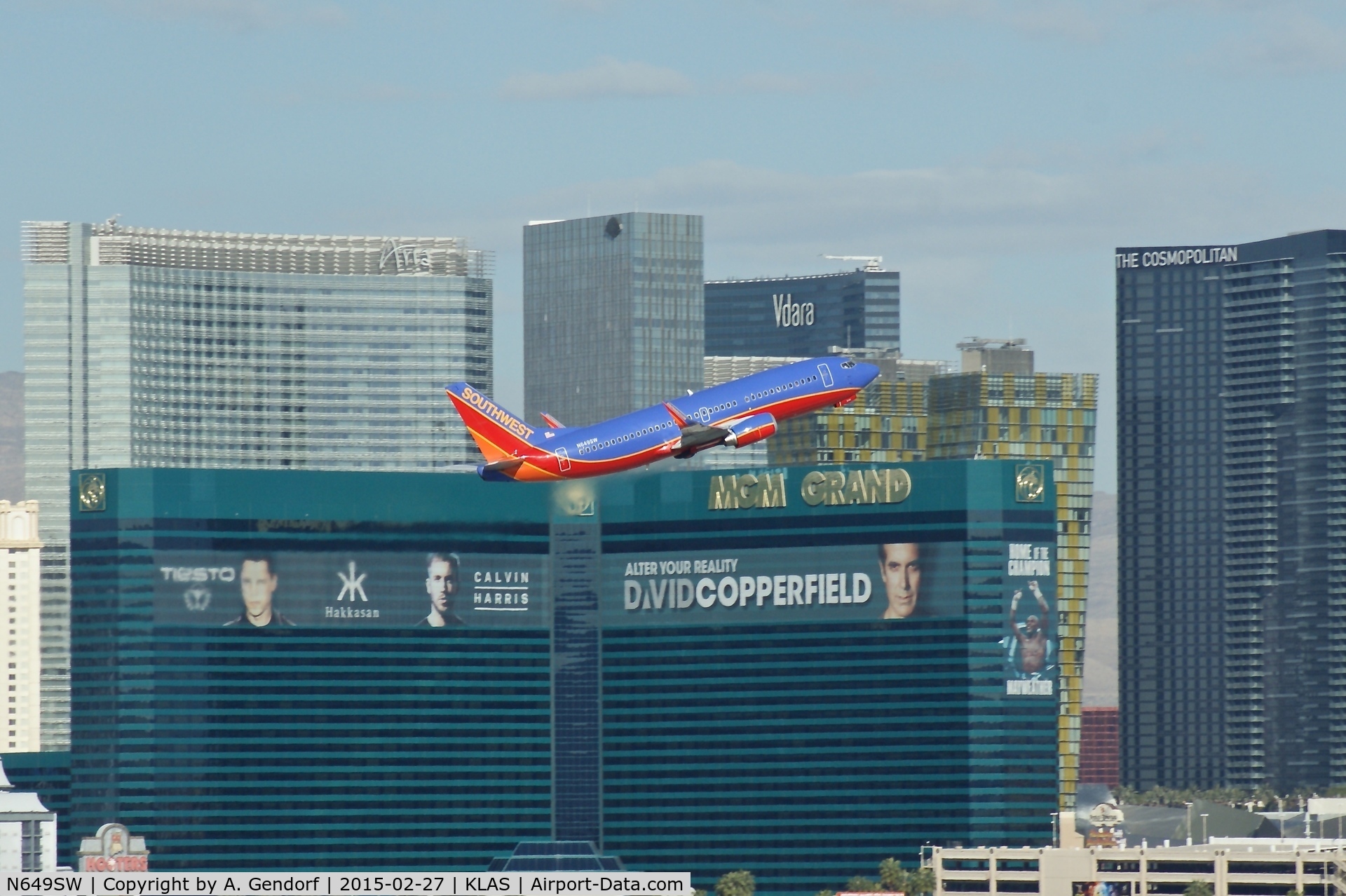 N649SW, 1997 Boeing 737-3H4 C/N 27719, Southwest Airlines, is here passing the MGM Grand Hotel during take off climb at Las Vegas(KLAS)