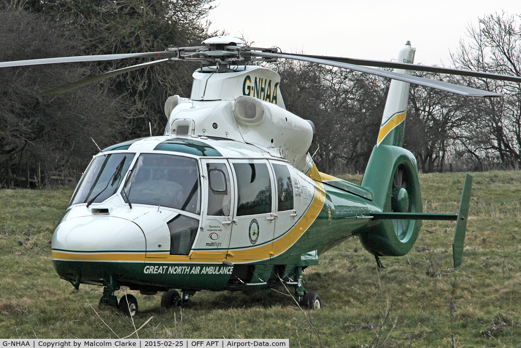 G-NHAA, 1991 Aerospatiale AS-365N-2 Dauphin C/N 6431, Great North Air Ambulance Aerospatiale AS-365N-2 Dauphin on an emergency call in Sedgefield Village UK. February 25th 2015.