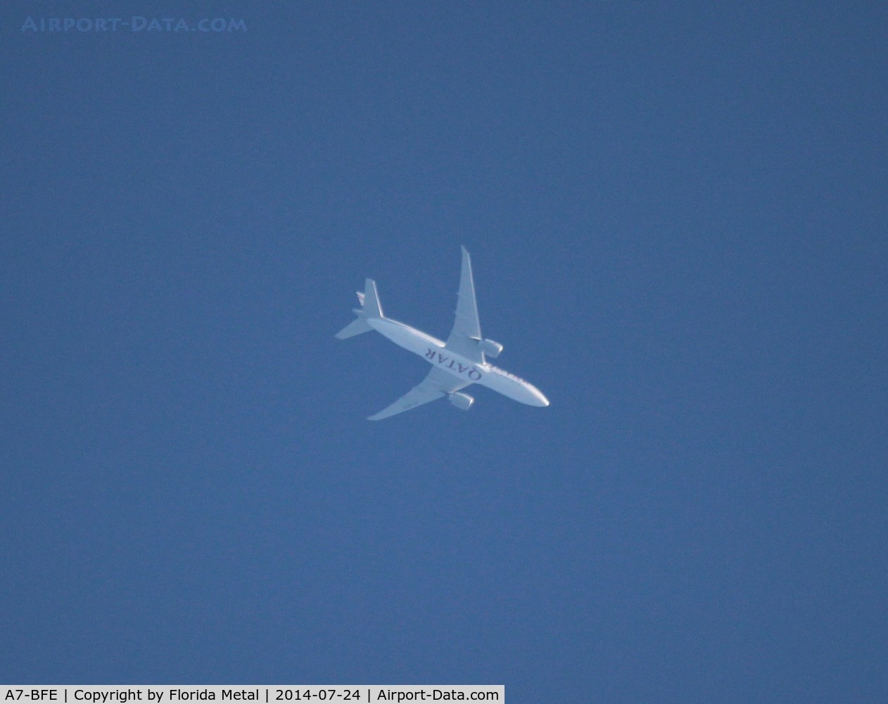 A7-BFE, 2013 Boeing 777-FDZ C/N 39644, Qatar Cargo 777-200LRF flying over my mom's house in Livonia Michigan flying ORD-MXP at 33,000 ft with no contrails.  Info from Flight Radar 24