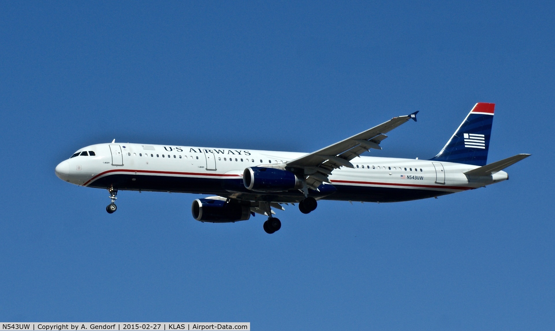 N543UW, 2011 Airbus A321-231 C/N 4843, US Airways, is here on short finals at Las Vegas Int'l(KLAS)