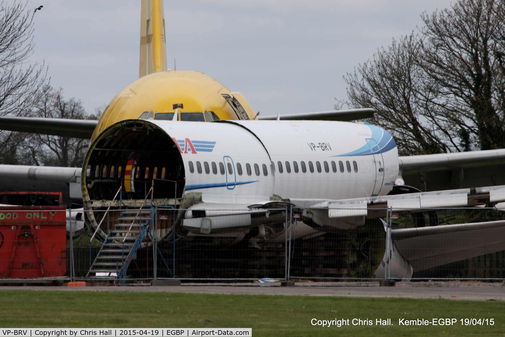 VP-BRV, 1991 Boeing 737-528 C/N 25227, ex Yamal Airlines, in the scrapping area at Kemble