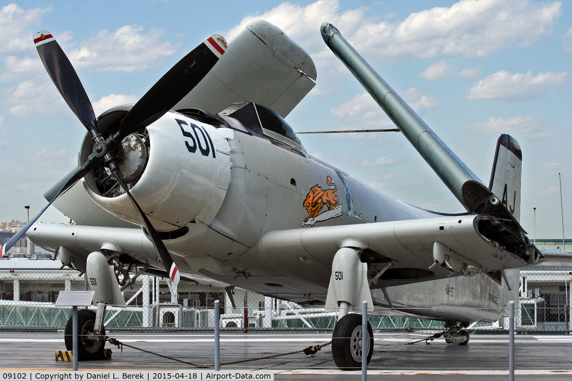 09102, Douglas XBT2D-1 Skyraider C/N 1930, In 2014, this rare aircraft, a prototype and the oldest Skyraider, was brought to the U.S.S. Intrepid Air Sea Space Museum from the NAS Oceana Aviation Heritage Park.