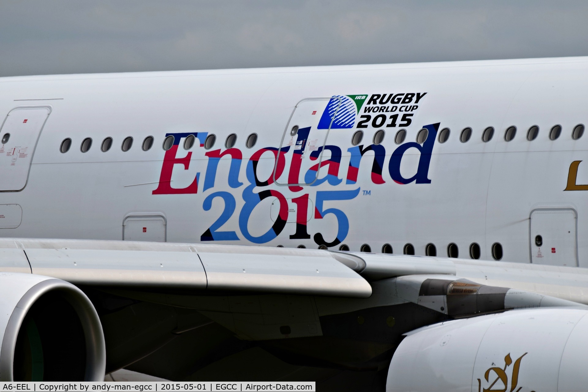 A6-EEL, 2013 Airbus A380-861 C/N 133, has

rugby world cup 2015
england 2015

on the side of the aircraft