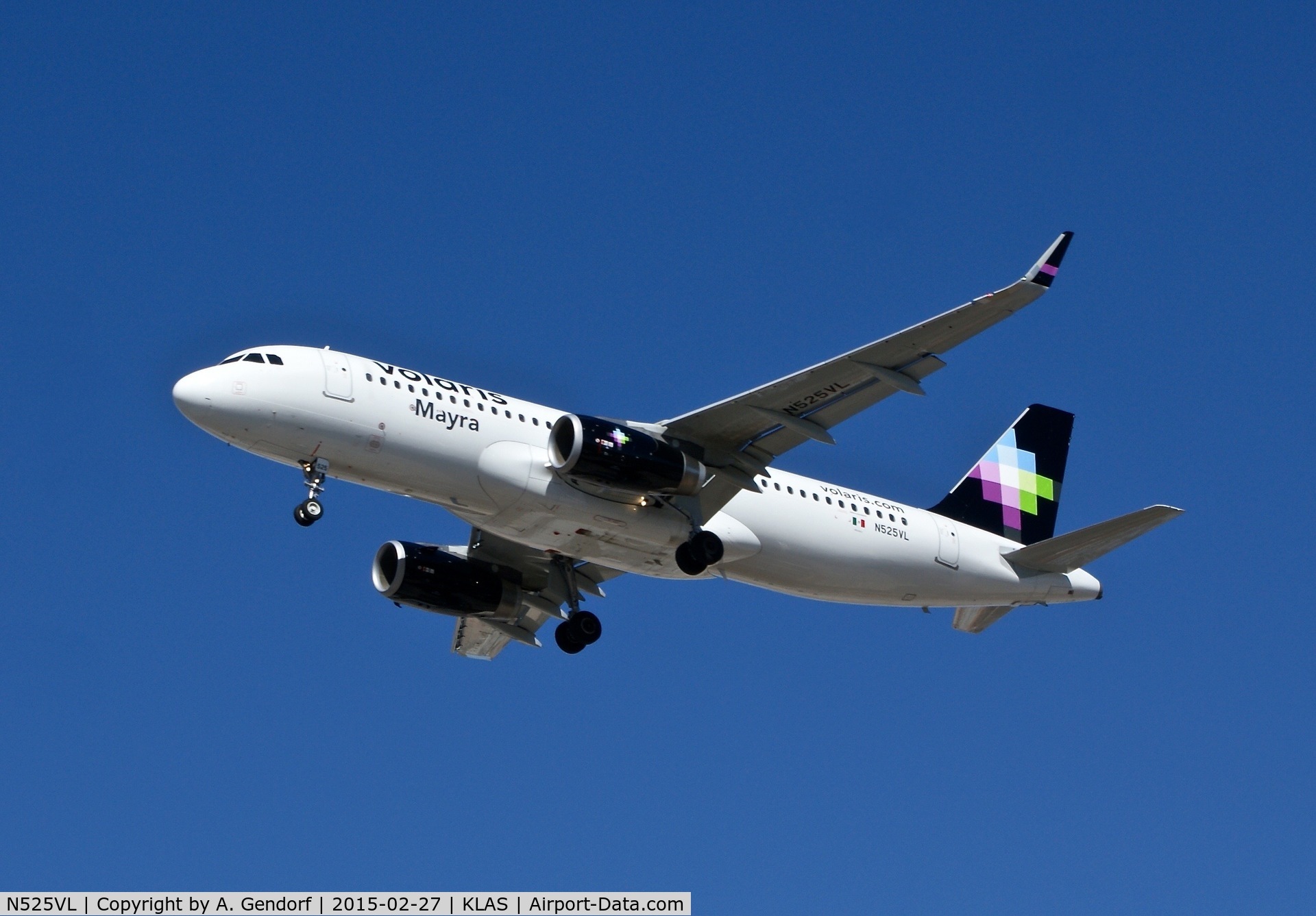 N525VL, 2014 Airbus A320-233 C/N 6332, Volaris, is here on short finals at Las Vegas Int'l(KLAS)