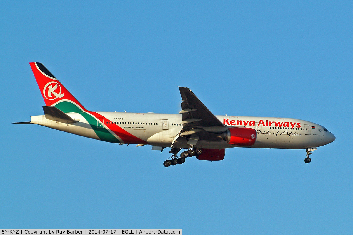 5Y-KYZ, 2007 Boeing 777-2U8ER C/N 36124, Boeing 777-2U8ER [36124] (Kenya Airways) Home~G 17/07/2014. on approach 27L.