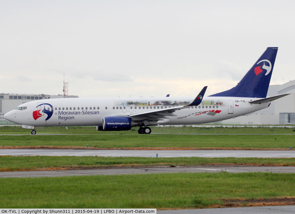 OK-TVL, 2010 Boeing 737-8FN C/N 37076, Taxiing holding point rwy 32R for departure in 'Moravian-Silesian Region' c/s