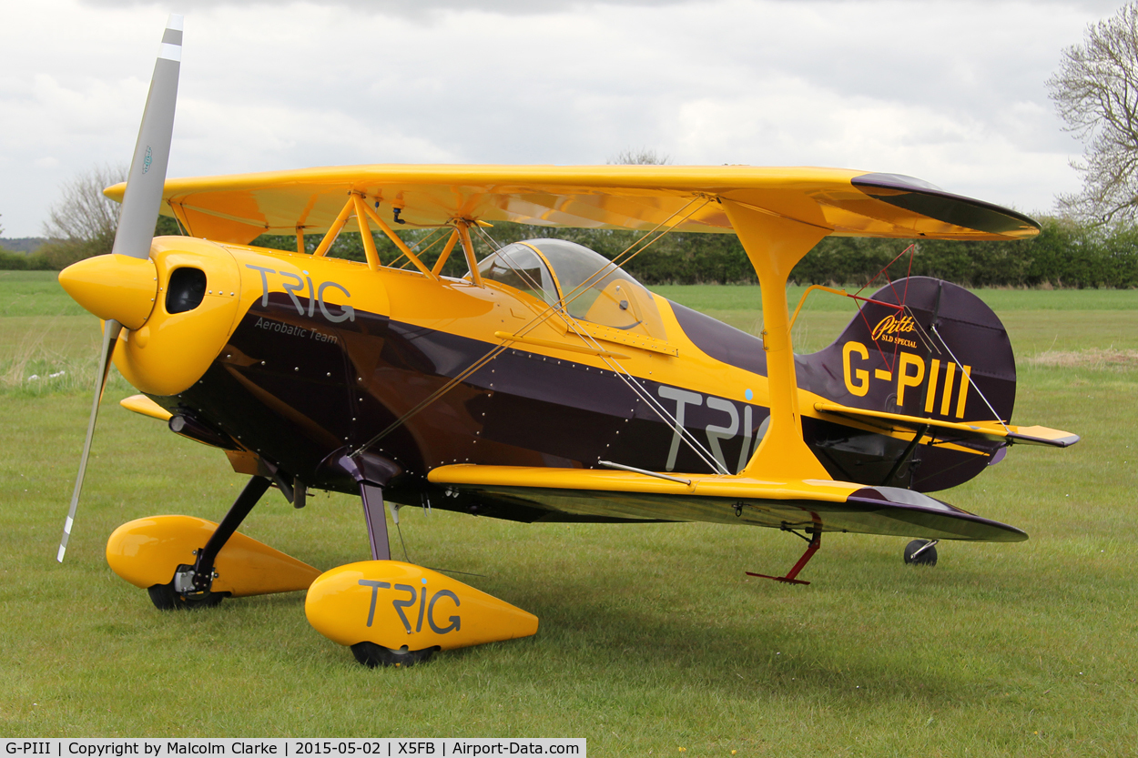 G-PIII, 1981 Pitts S-1D Special C/N PFA 009-10156, Pitts S-1D Special. One of the two Pitts Specials of the Trig Aerobatic Team during a stopover for fuel at Fishburn Airfield, May 2nd 2015.