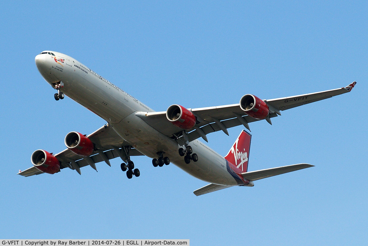 G-VFIT, 2006 Airbus A340-642 C/N 753, Airbus A340-642 [753] (Virgin Atlantic) Home~G 26/07/2014. On approach 27R.