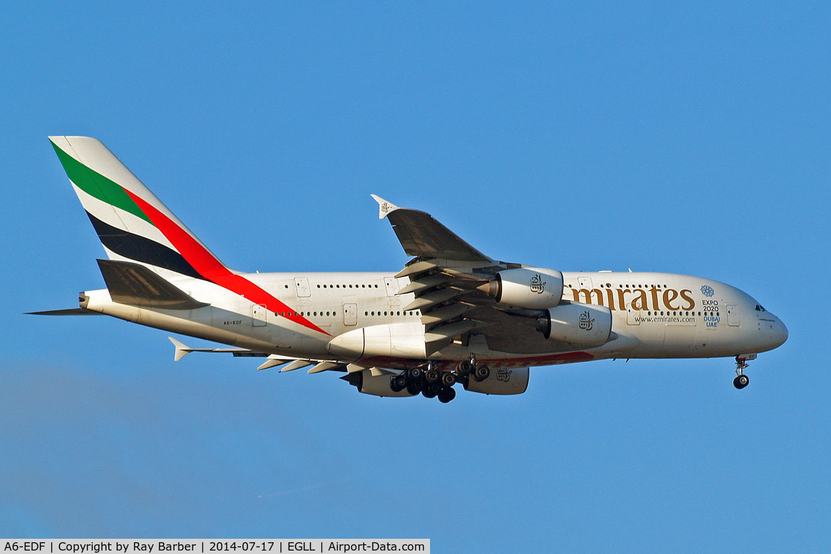 A6-EDF, 2006 Airbus A380-861 C/N 007, A6-EDF   Airbus A380-861 [007] (Emirates Airlines) Home~G 17/07/2014. On approach 27L.