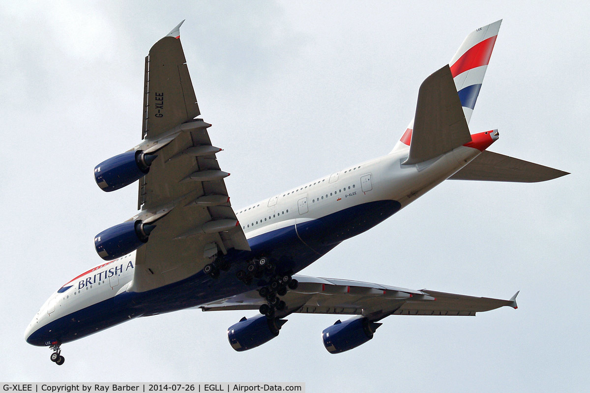 G-XLEE, 2013 Airbus A380-841 C/N 148, Airbus A380-841 [148] (British Airways) Home~G 26/07/2014. On approach 27R.