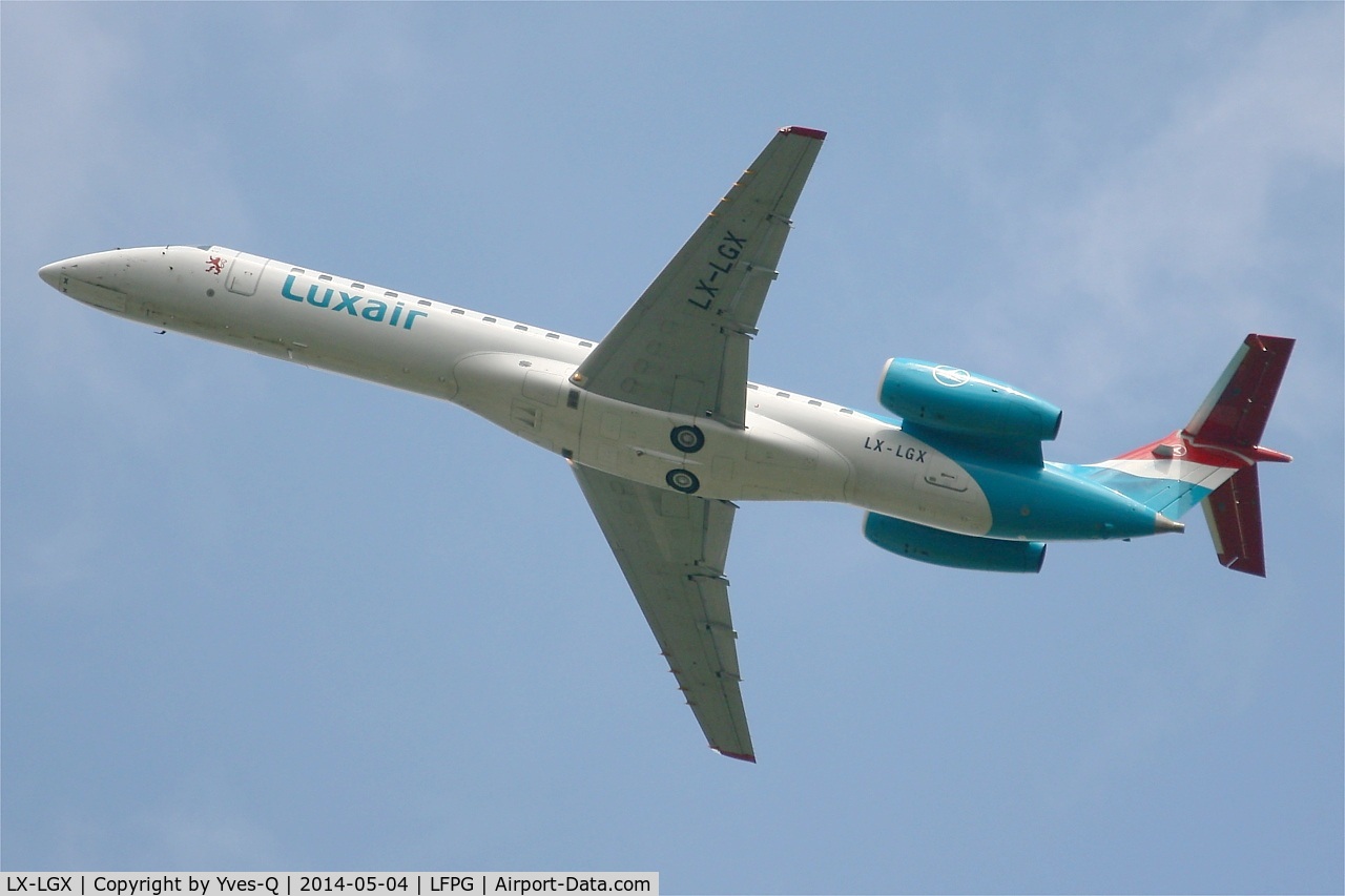LX-LGX, 1999 Embraer EMB-145LU (ERJ-145LU) C/N 145147, Embraer EMB-145LU (ERJ-145LU), Take off rwy 27L, Roissy Charles De Gaulle airport (LFPG-CDG)