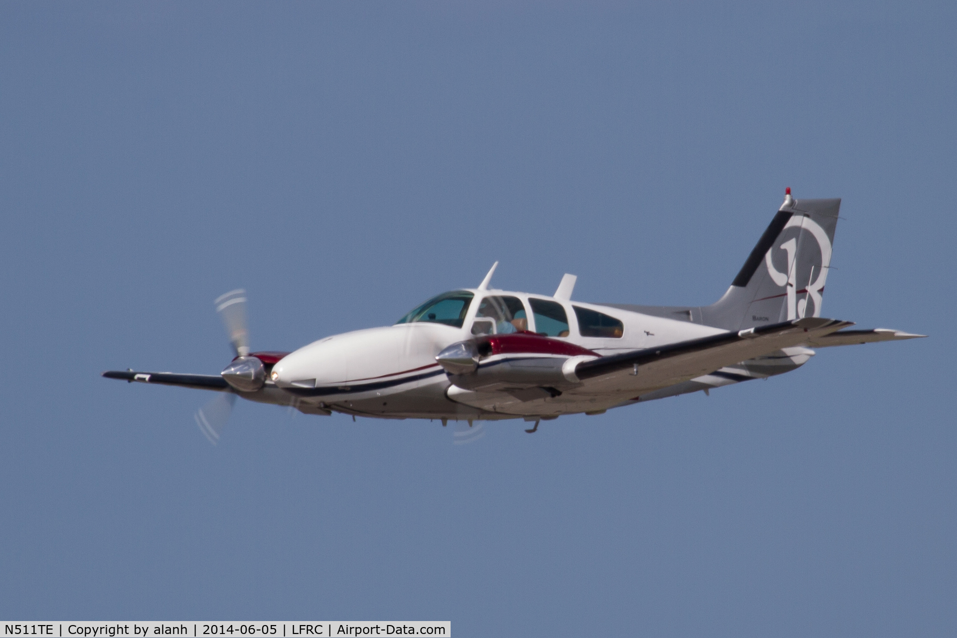 N511TE, Beech D55 Baron C/N TE511, Departing Cherbourg Maupertus during the 2014 Daks Over Normandy event
