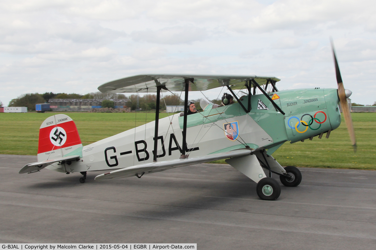 G-BJAL, 1957 Bucker 1-131E Jungmann C/N 1028, CASA 1-131E Jungmann at The Real Aeroplane Club's Auster Fly-In, Breighton Airfield, May 4th 2015.