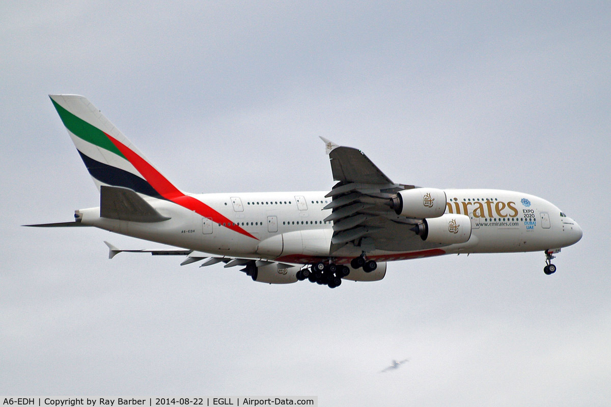 A6-EDH, 2009 Airbus A380-861 C/N 025, Airbus A380-861 [025] (Emirates Airlines) Home~G 22/08/2014. On approach 27L.