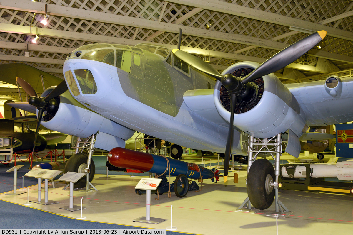 DD931, Bristol Beaufort VIII C/N Composite, Rebuilt from parts of several RAAF aircraft, including those found at Tadji airstrip, Papua New Guinea. Externally, this Beaufort represents a Mk. IIA torpedo bomber and minelayer serving with No. 42 Sqn. RAF. On display at RAF Museum Hendon.