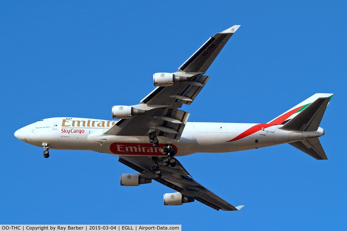 OO-THC, 2007 Boeing 747-4HAERF C/N 35235, Boeing 747-4HAERF [35235] (Emirates Airlines) Home~G 04/03/2015. On approach 27R.